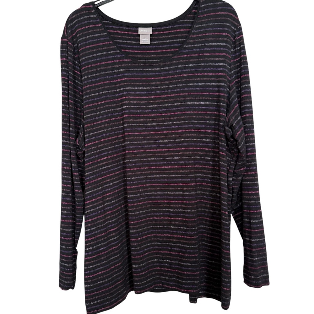 Chico’s Women’s Sz 4(XXL) Black Purple Metallic Striped Long Sleeve Knit Top